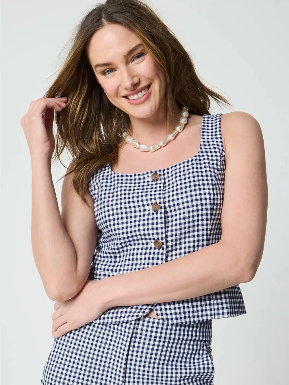 JCREW Gingham Button-Front Crop Tank Top - Navy/White